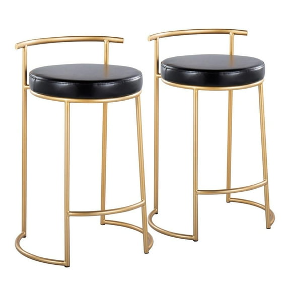 LumiSource Gold Metal, Black PU Round Fuji 26" Fixed-Height Counter Stool - Set of 2