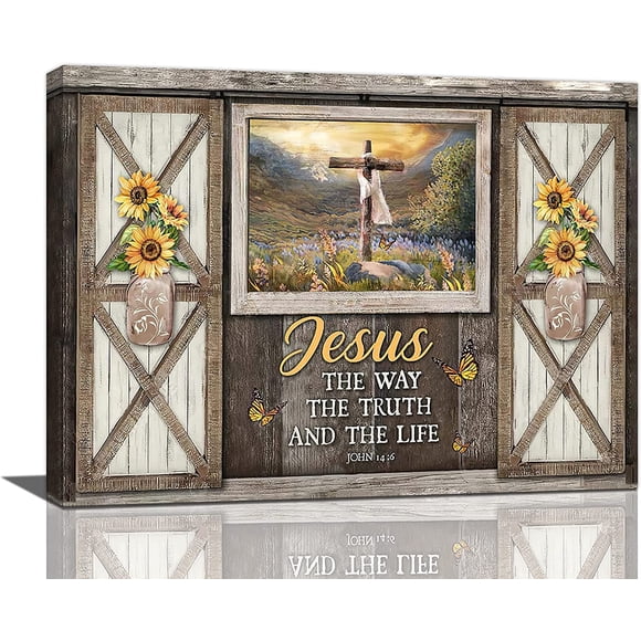 Christian Cross Wall Art Rustic Window Sunflower Religious Canvas Wall Decor Scripture Bible Verse Pictures Print Paintings Framed Artwork Home Decor for Bedroom Living Room 12''''x16''''