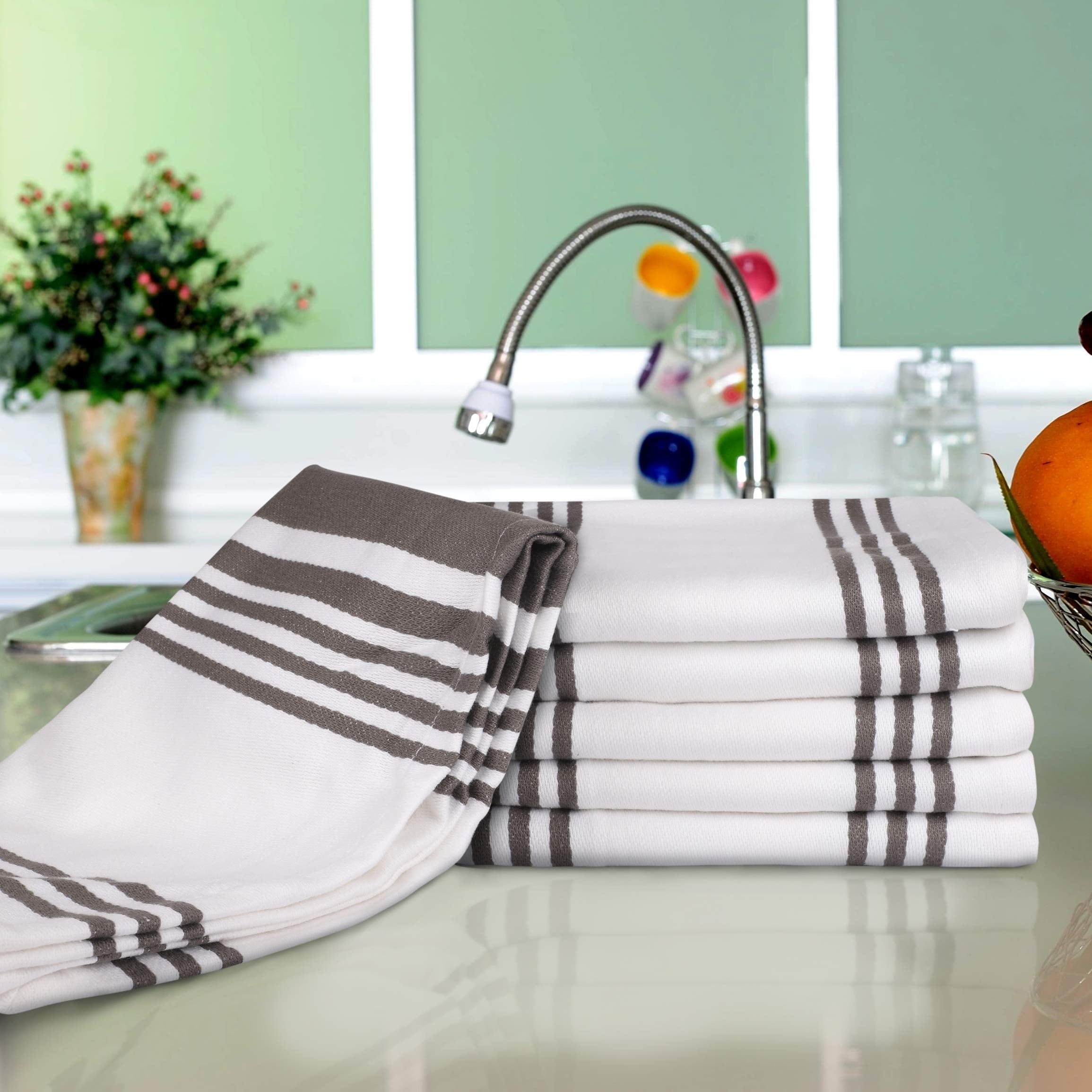 Urban Villa Kitchen Towels 100% Cotton set of 6,Highly Absorbent Quick Drying Super Soft Premium Dish Towel for kitchen with Hanging Loop Hand & Tea Towels - 20x30 Inch, (Dove Grey & White, Striped)