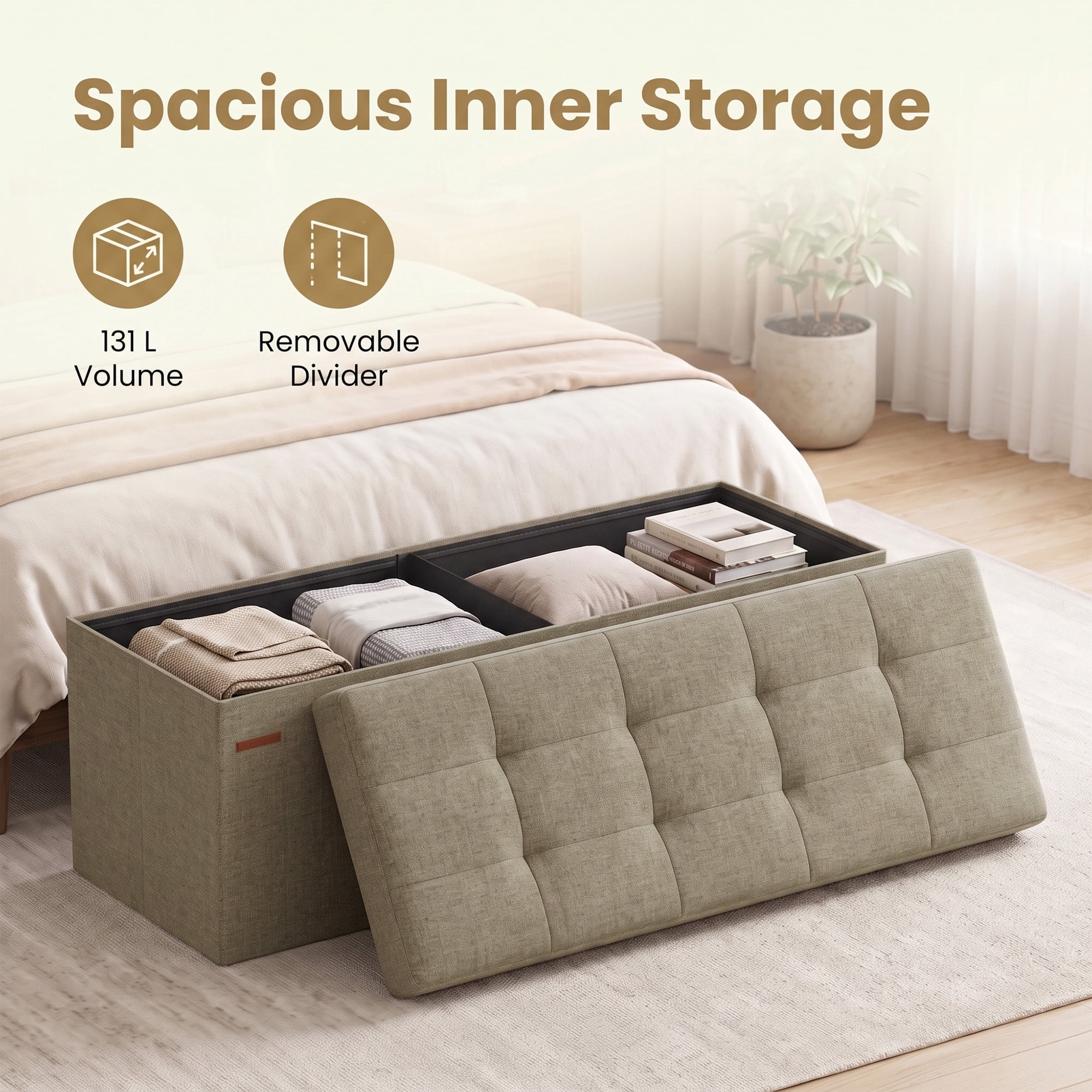 Ledrem Camel Brown Foldable Storage Ottoman Bench with 660lb Capacity