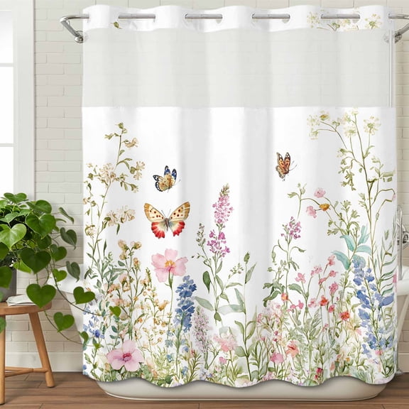 No Hook Shower Curtain with Snap in Fabric Liner Set-Country Flower Vine Wildflower Bathroom Curtains with See Through Mesh Top Window,Butterfly Floral White Waterproof Double Shower Curtain 72x72In