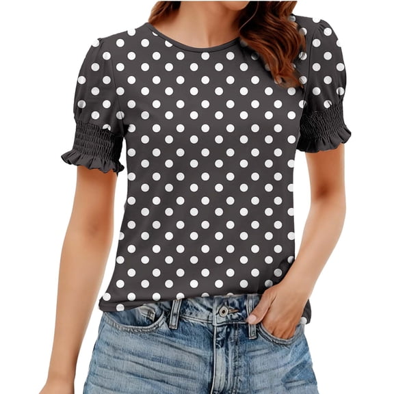 MaFYtyTPR Women's Summer Tops Fashion Polka Dot Printed Short Sleeve Crew Neck Loose Lace Sleeve Blouse Black L