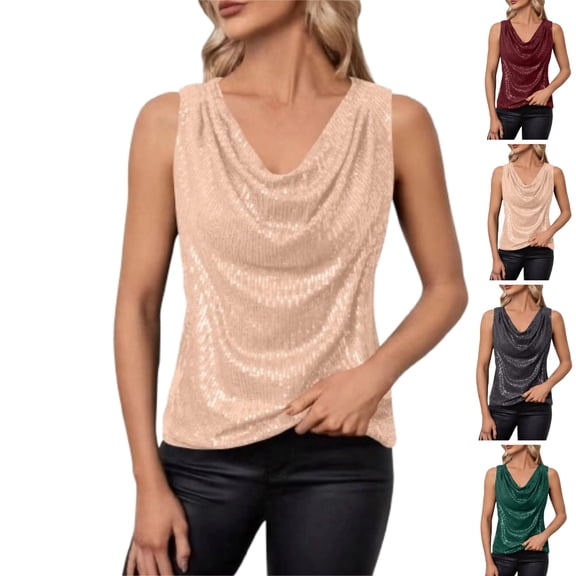 Sequin Tank Tops for Women Cowl Neck Sleeveless Sparkly Top Glitter Evening Cocktail Blouse Club Party Shirt,Beige M