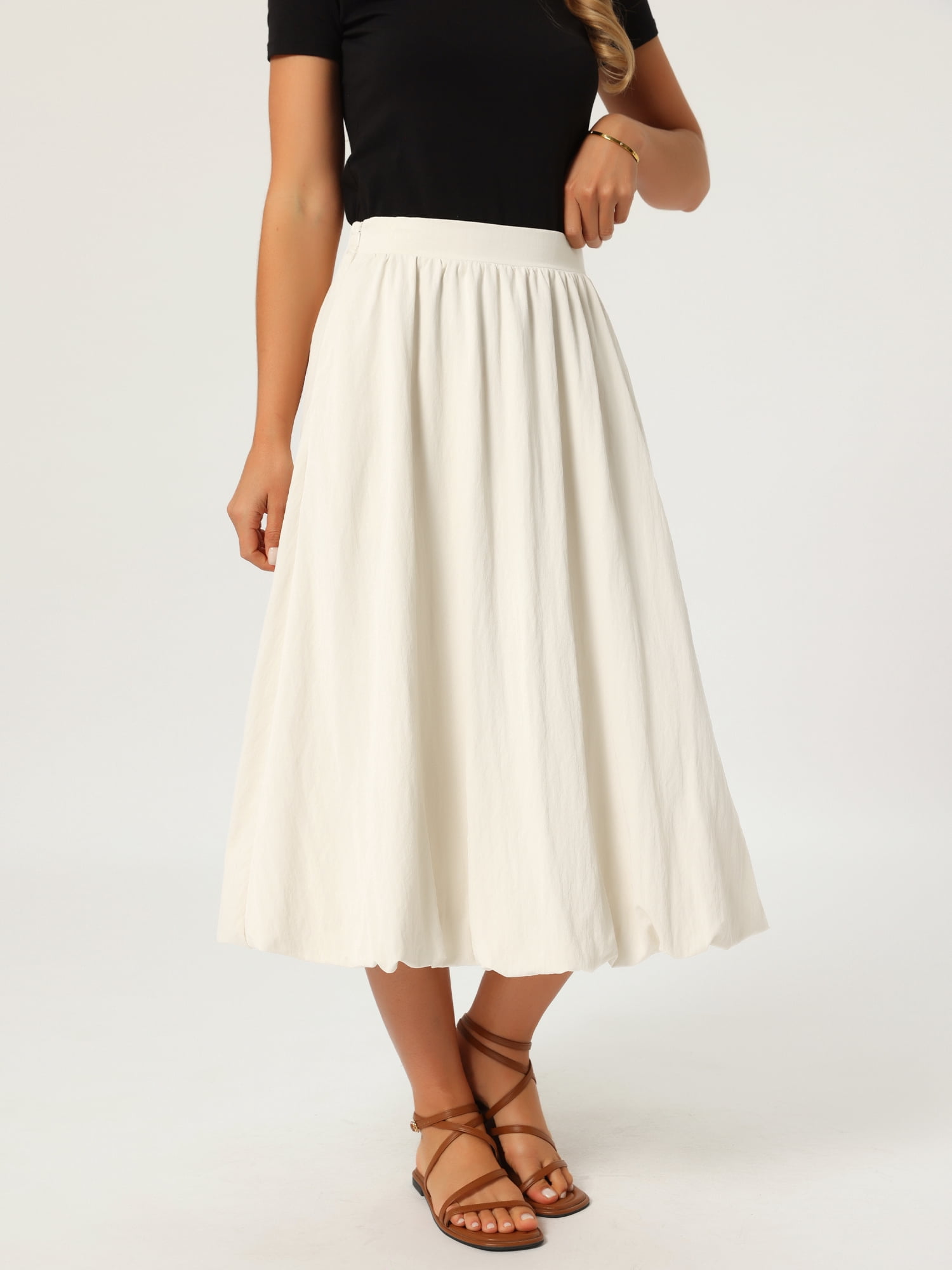 DARING DIVA Women's Bubble Ruffle Flowy A Line Midi Skirts Small Beige