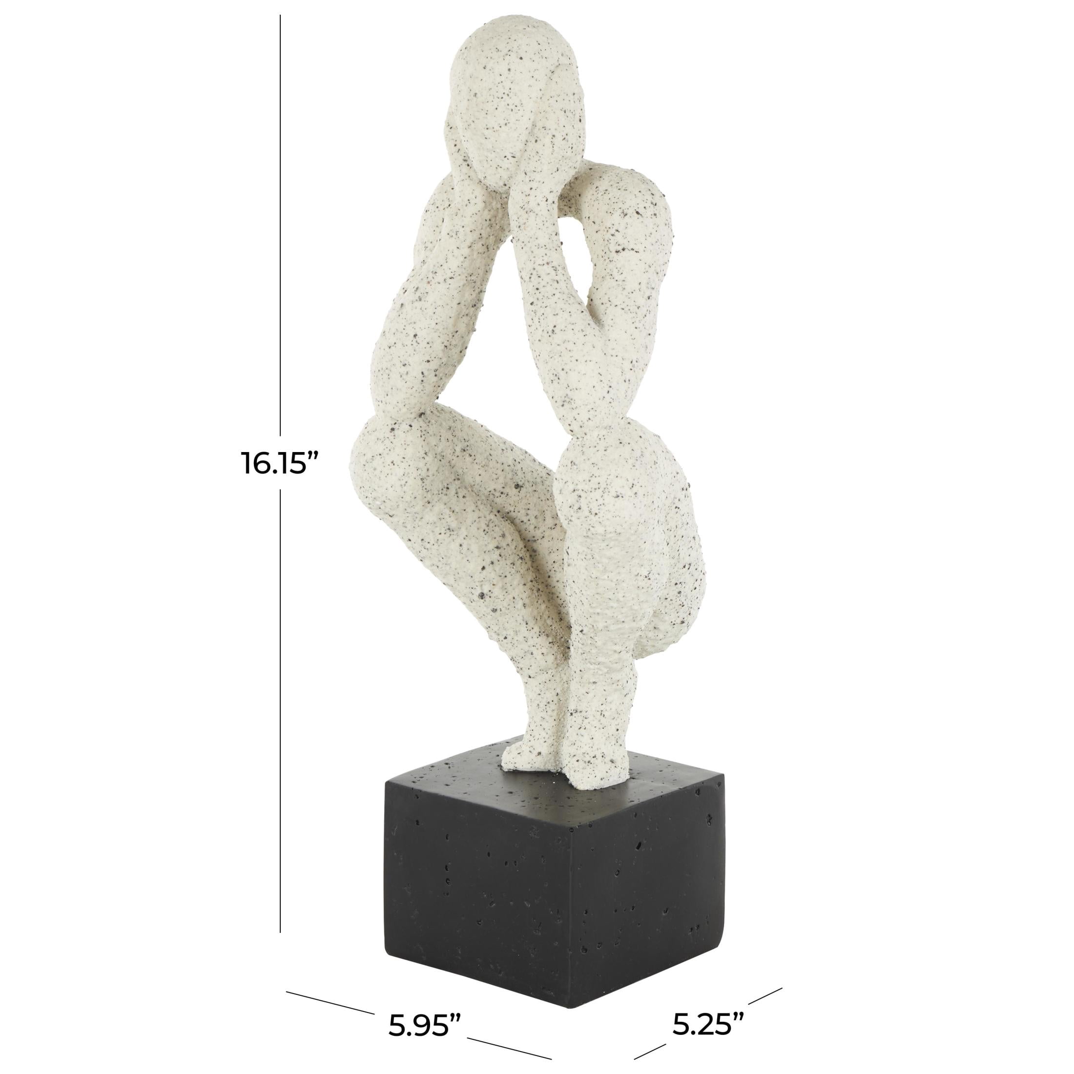 6" x 16" Cream Polystone Crouching People Sculpture with Black Square Base, by DecMode