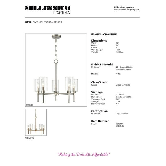 Millennium Lighting  Chastine Chandelier Light Fixture Brushed Nickel 5 5 Light Brushed Nickel