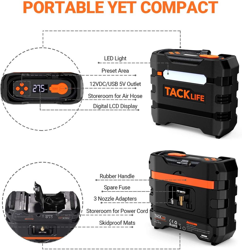 TACKLIFE Car Tire Inflator 12V DC Portable Air Compressor with 3 LED Lights | Orange A6 - image 3 of 6