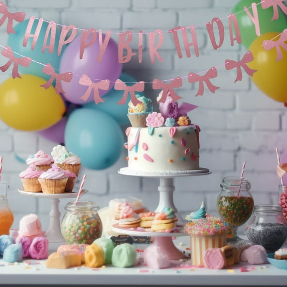 TINKSKY Bow Birthday Decorations Happy Birthday Banner Paper Decoration For Celebratory Events 1 Set