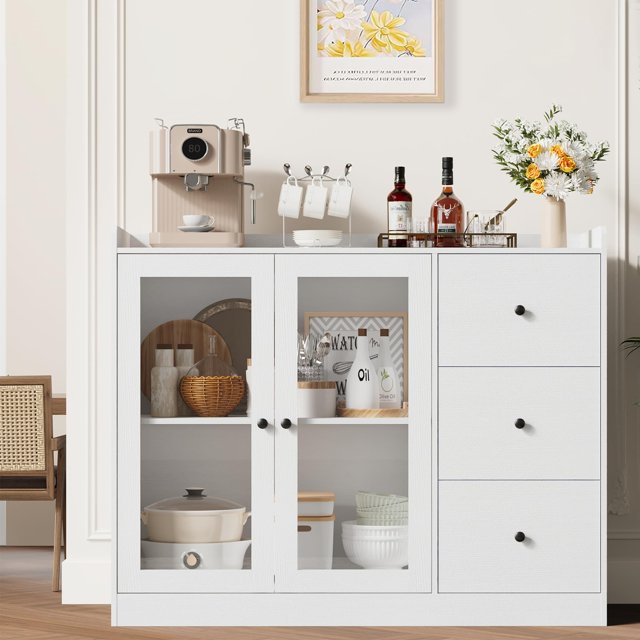 BeesClover Buffet Moderne de 43 Pouces, Bahut de Rangement avec Conception à Garde-Corps, Tablettes Ajustables et 3 Tiroirs