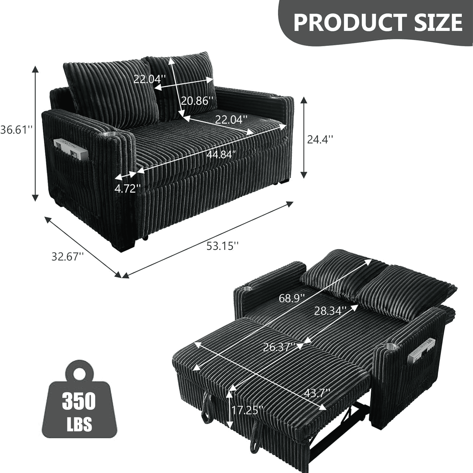 53" Convertible Corduroy Loveseat Sofa Bed with USB Charging, Cup Holders & Side Storage – Soft Corduroy Sleeper Sofa Lounge Recliner Chaise Daybed for Living Room, Bedroom, Office, Dark Gray