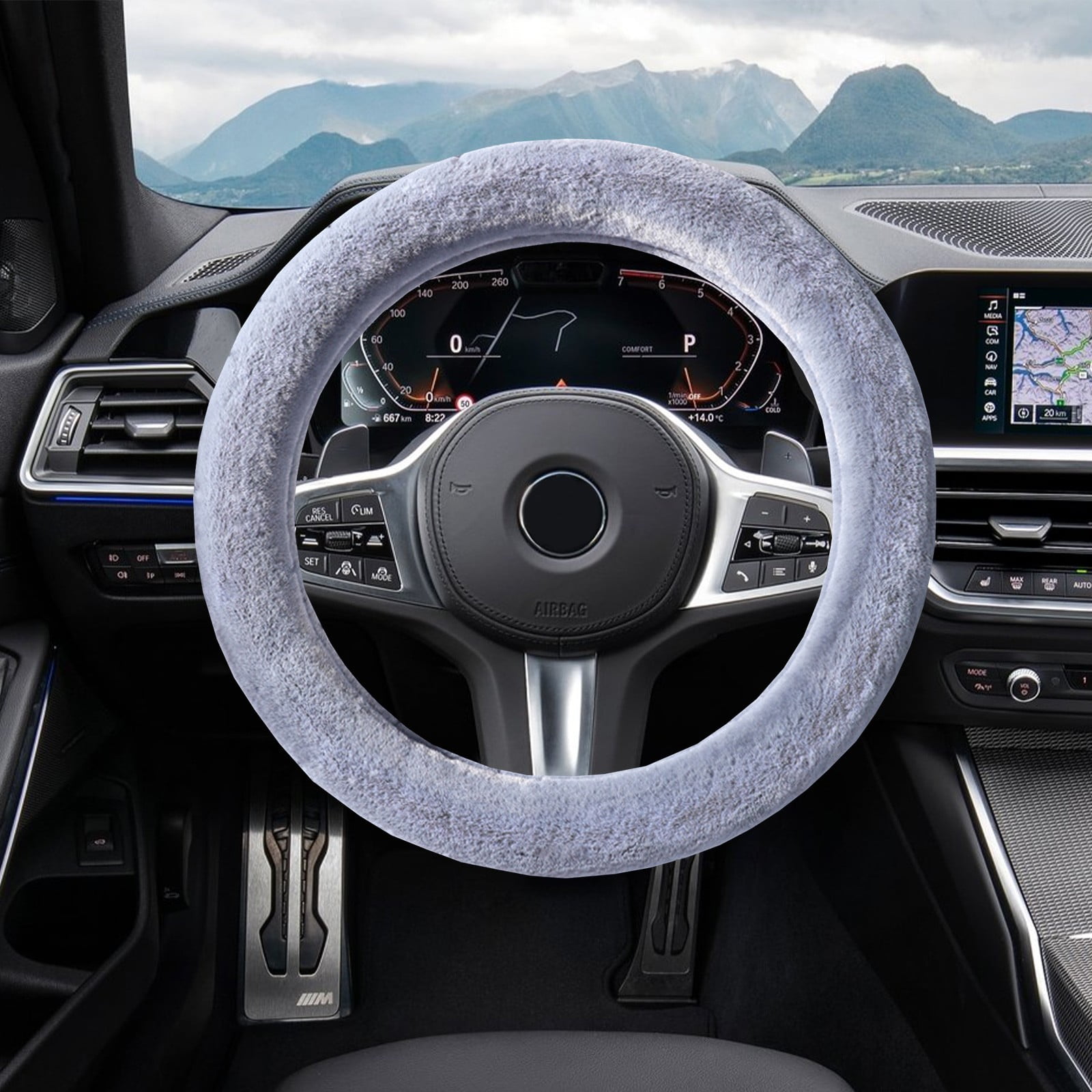 AU Luxury Fluffy Winter Car Steering Wheel Cover for Women Soft Warm Plush Cute Auto Accessories for Vehicle, Sedan, Universal, Fuzzy, Anti Slip, Black, 14in, Standard Size 14.5-15"(37-38cm)