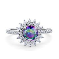 Halo Starburst Flower Wedding Ring Simulated Rainbow CZ 925 Sterling Silver Size 7