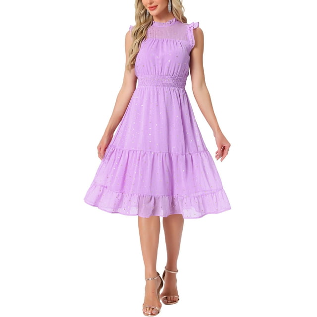 Vestido de gasa sin mangas para mujer Inspire Chic, con cintura fruncida y estrellas metálicas doradas, vestido de fiesta color púrpura claro, talla S