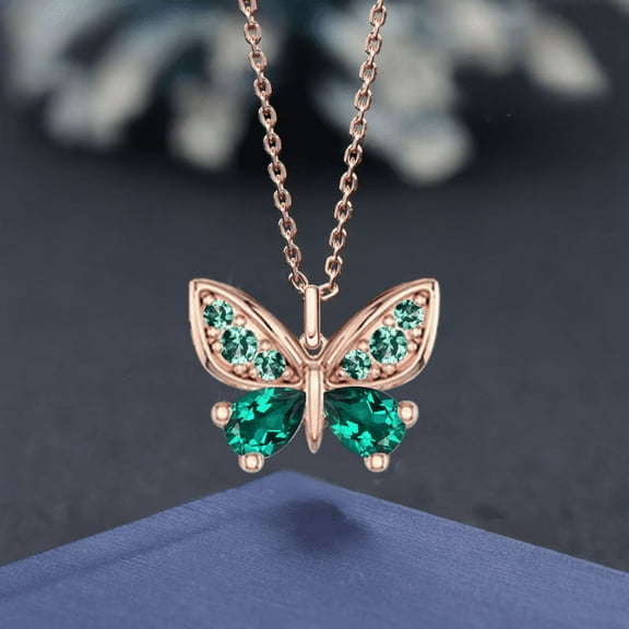 Dainty Butterfly Emerald Necklace in 14K Rose Gold Finish - May Birthstone Gemstone Jewelry Gifts