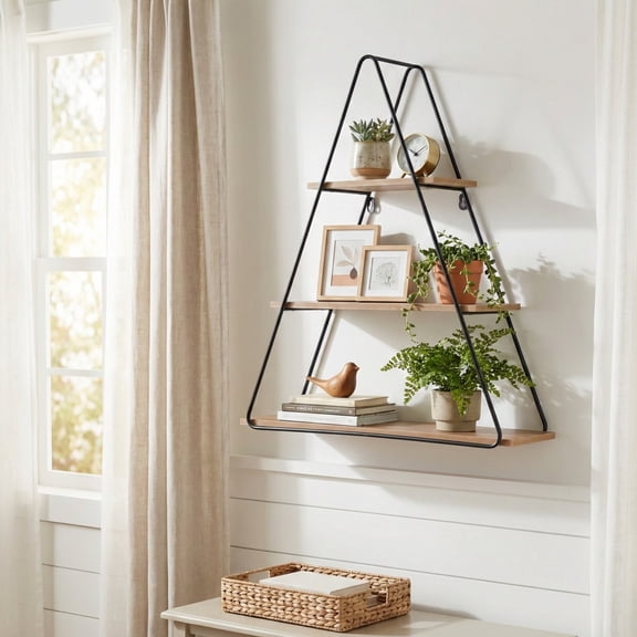 Triangle Wall Mounted Storage Organizer for Home - Shelf with Three-Tier Metal Frame and Wood Display for Living Room or Bedroom - Decorative Wall Organizer Storage for Styling - 26", Brown & Black