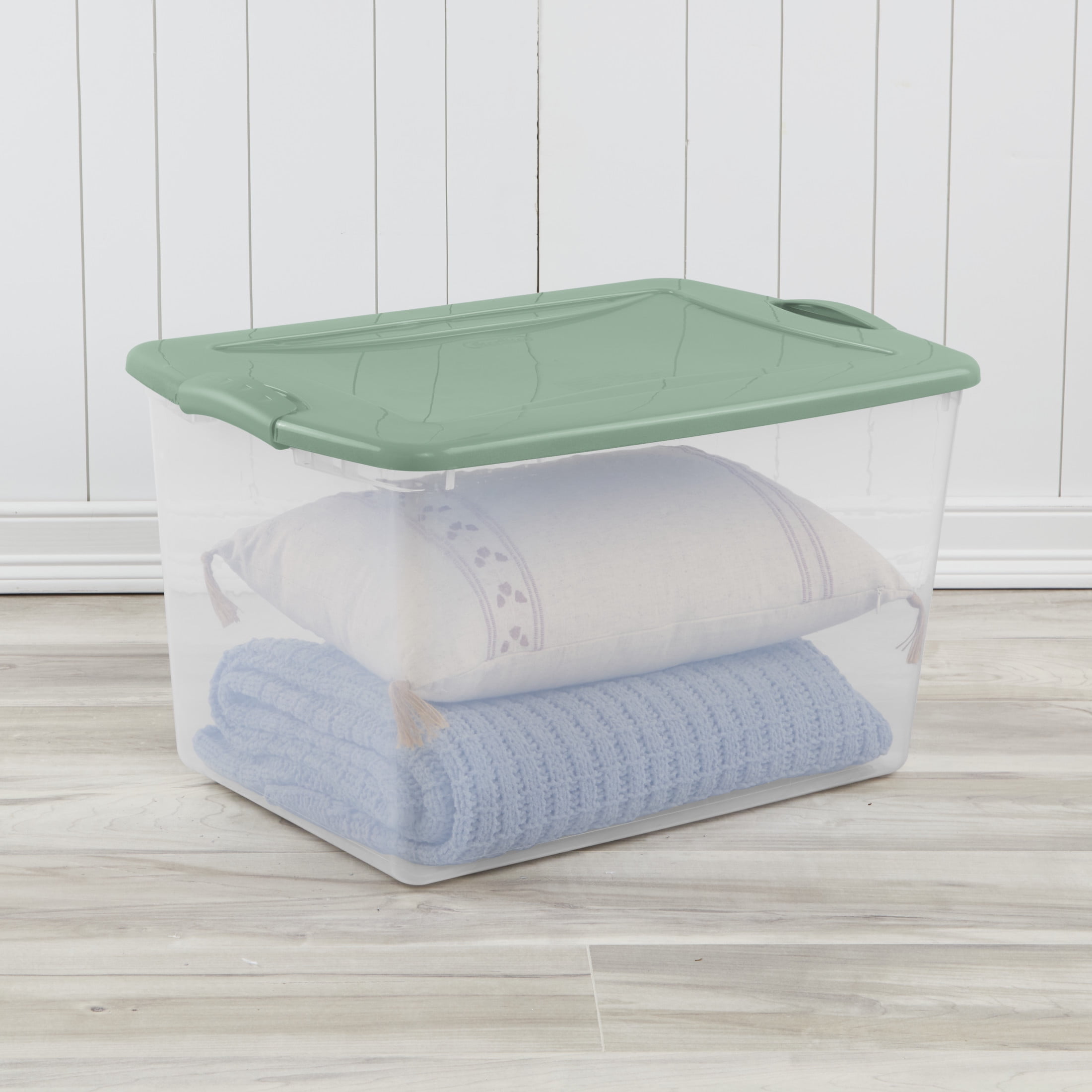 Sterilite Large Latching Storage Bin, 66 Quart Clear Plastic Storage Container with Latch Lid, Green Sage, 6 Pack