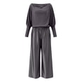 thumbnail image 4 of Womens Outfits Women's Elegant Off Shoulder Blouse and Satin Wide Leg Pants Two Piece Set Fashionable Monochrome Dressy Evening Ensemble Solid Color Crew Neck Long Sleeve Full Length Navy XXL, 4 of 4