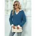 thumbnail image 5 of Women'S V Neck Sweaters Pullover Color Block Collar Long Sleeves Loose Fit Casaul Tunic Tops Shirts  Blue S, 5 of 8