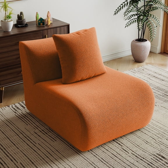 Orange Teddy Fabric Armless Sofa with Pillow,Plush Small Space Couch for Apartment,Sofa Sleepers for Small Spaces, Living Room Occasional Chair,Dorm Friendly Cuddle Chair without Arms for Bedroom ﻿
