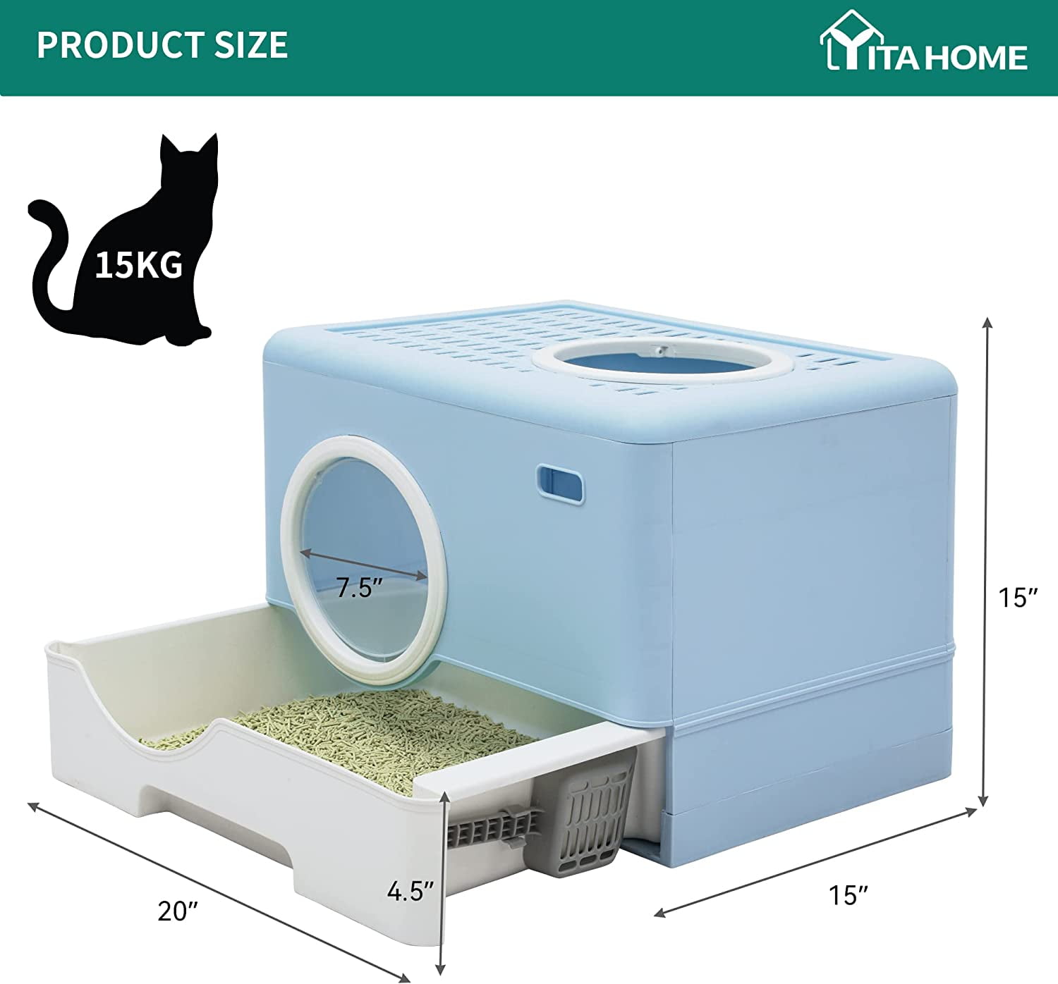 Dextrus Large Enclosed Cat Litter Box with Lid Cover&Litter Scoop,Front Entry Top Exit Door,Odorless Enclosed Design with Drawer, and Easy Cleaning (Blue)