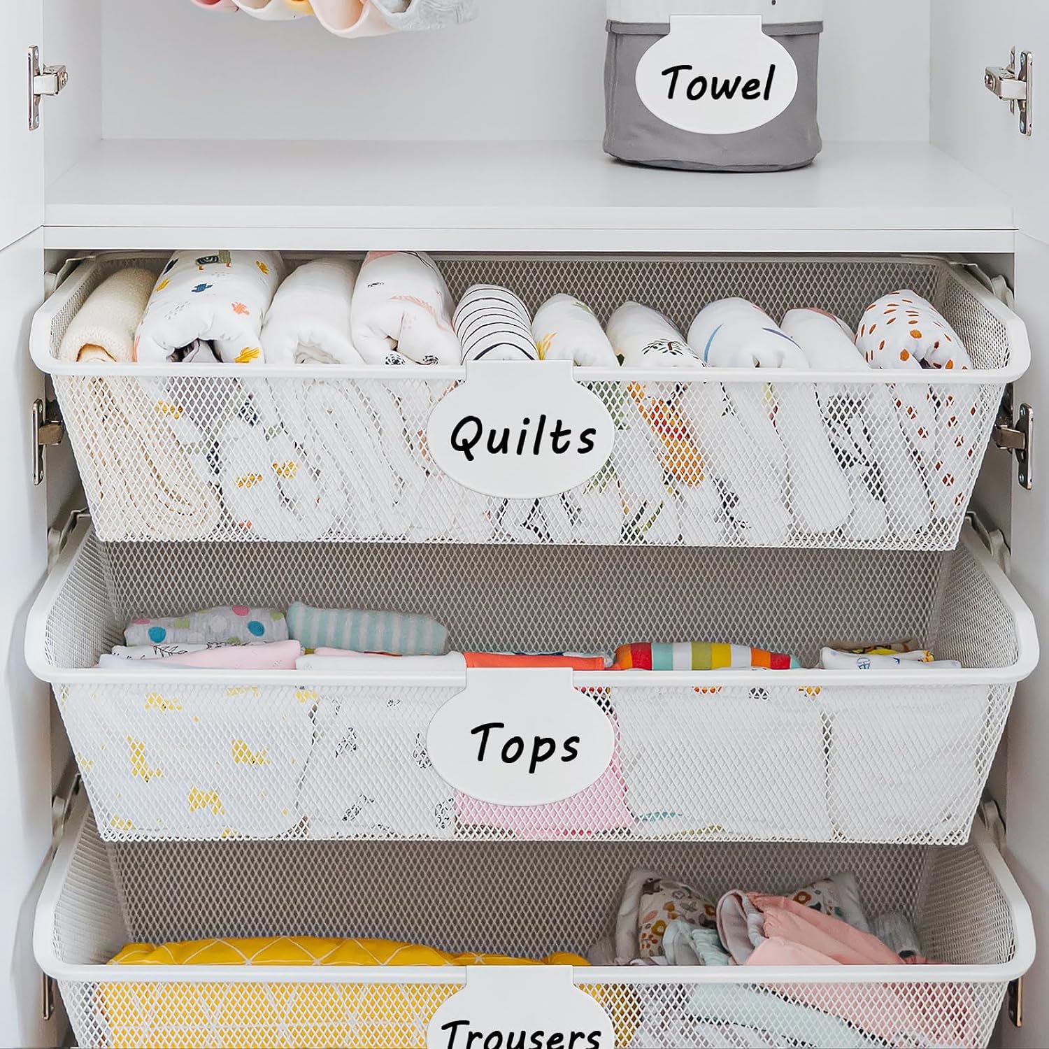 12 Pack Metal Basket Labels Clip On for Storage Bins, Basket Tags White Bin Tags, Removable Pantry Fabric Closet Box Container Holders Hanging Drawer Labels with Chalk Markers