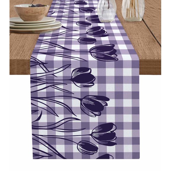 Purple Flower Table Runner 90 Inches, Tulip Floral Country Plaid Checkered Bed Runner Dresser Scarves Tabletop for Indoor Outdoor Parties/Ceremony/Banquet, 13" x 90"