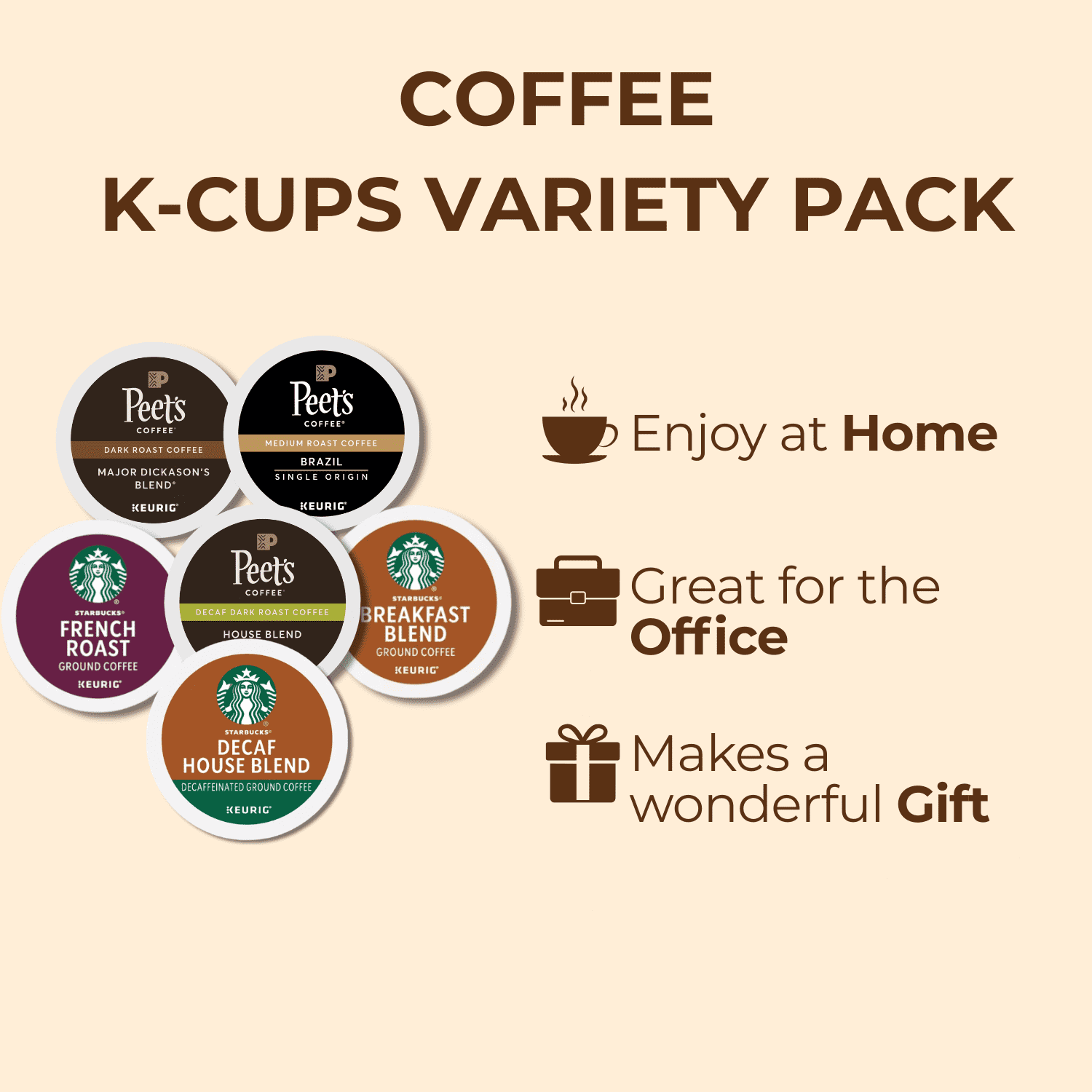 Coffee K-Pods Variety Pack, 30pcs – Peet's Dark Roast, Peet's Medium Brazil, Peet's Decaf, Starbucks French Roast, Breakfast Blend, Decaf House Blend – Keurig Compatible + Coffee Recipe eBook