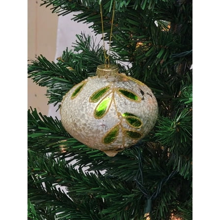 White Glitter Leaf Ball Glass Christmas Ornament F07M7-25-LH76-23096