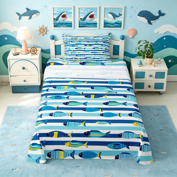 Manfei Artistic Fish Twin Sheets, Sea Striped Bedding, Blue, 3-Piece, 1 Flat Sheet, 1 Fitted Sheet and 1 Pillowcase