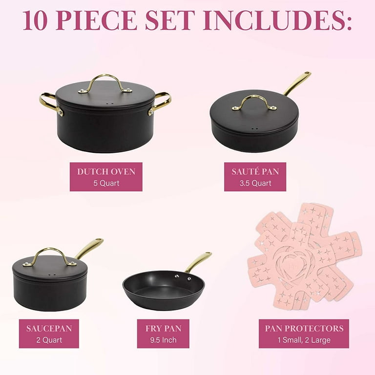 Nonstick Pots And Pans Set, Multi-Layer Nonstick Coating, Matching Lids  With Gold Handles, Made Without PFOA, Dishwasher Safe Cookware Set,  10-Piece, Pink