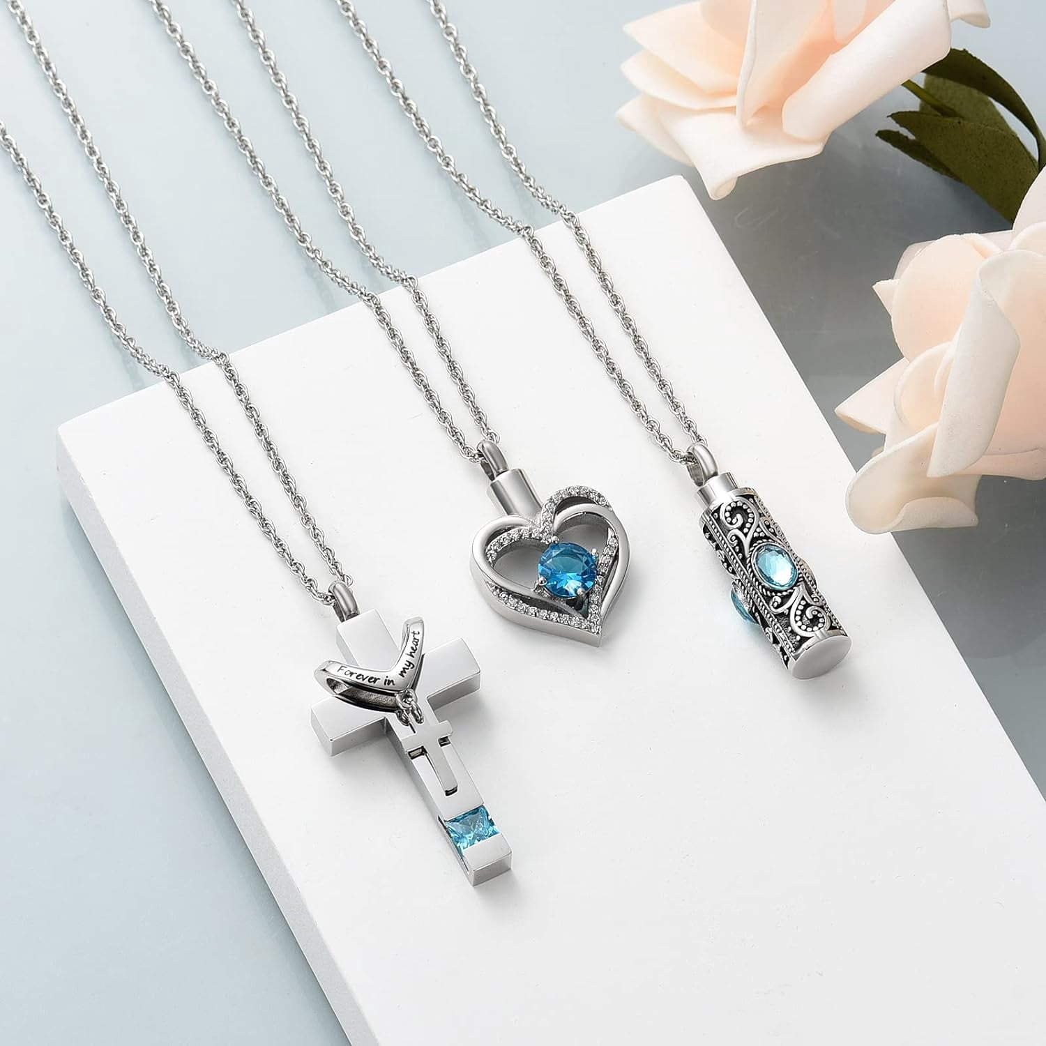 3 Pack Urn Necklace for Ashes for Women Gilrs Heart Cross Cylinder Cremation Jewelry for Ashes Memorial Keepsake Birthstone Pendant