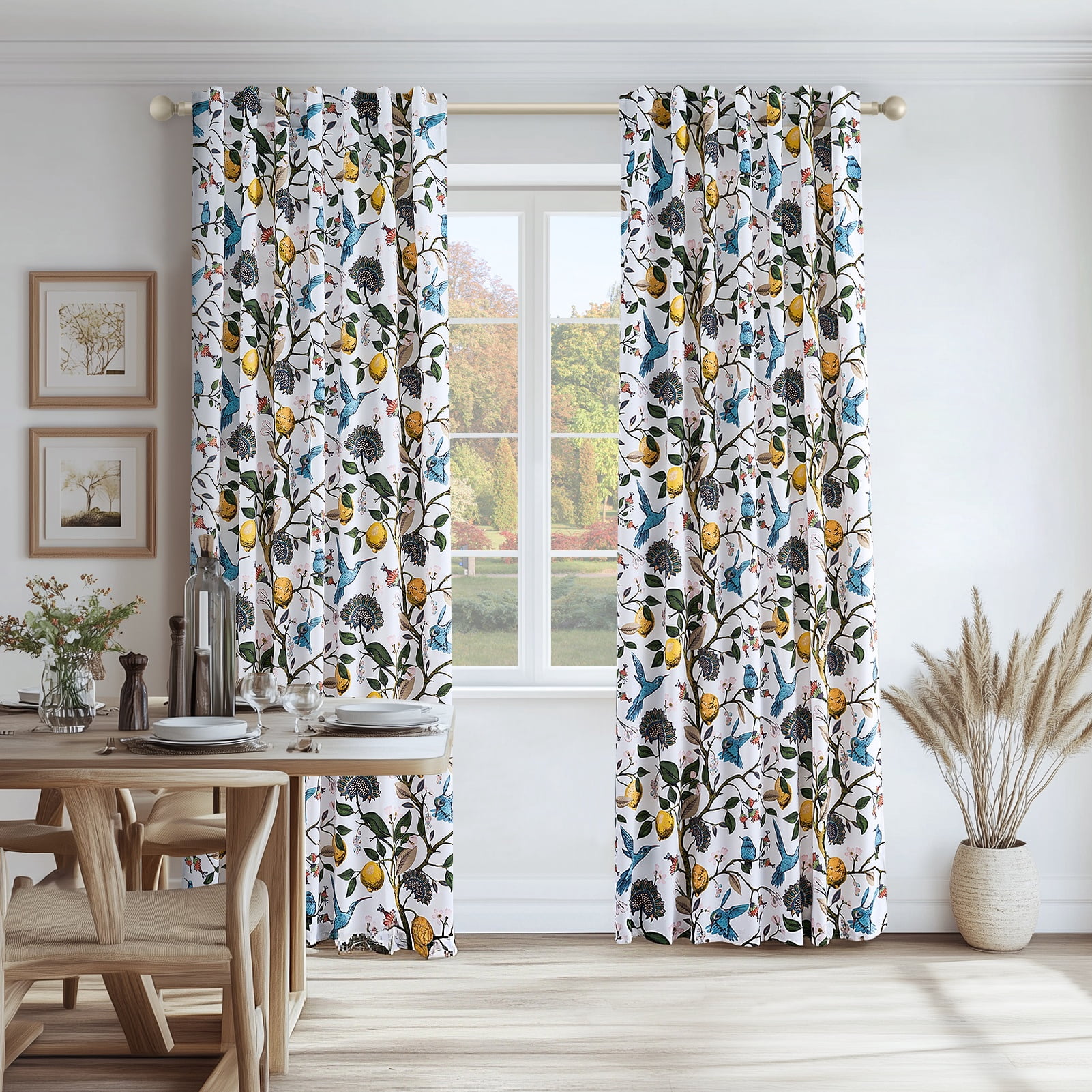 Topfinel Fancy Hummingbird Patterned Curtain,White Curtains for Living Room, Thermal Insulated Blackout Curtains for Bedroom, Floral Vintage Lemon Curtains 84 inch Length 2 Panels Set