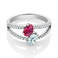 thumbnail image 2 of Gem Stone King 1.34 Cttw Red Created Ruby and Sky Blue Aquamarine Two Stone 925 Sterling Silver Ring for Women | Oval 6X4MM | Gemstone Birthstone (Size 6), 2 of 4