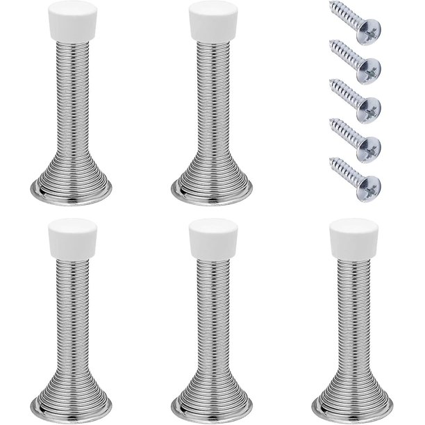 Tope de puerta con resorte Topes de puerta de metal con tornillos y placa base (5 piezas, plateado)