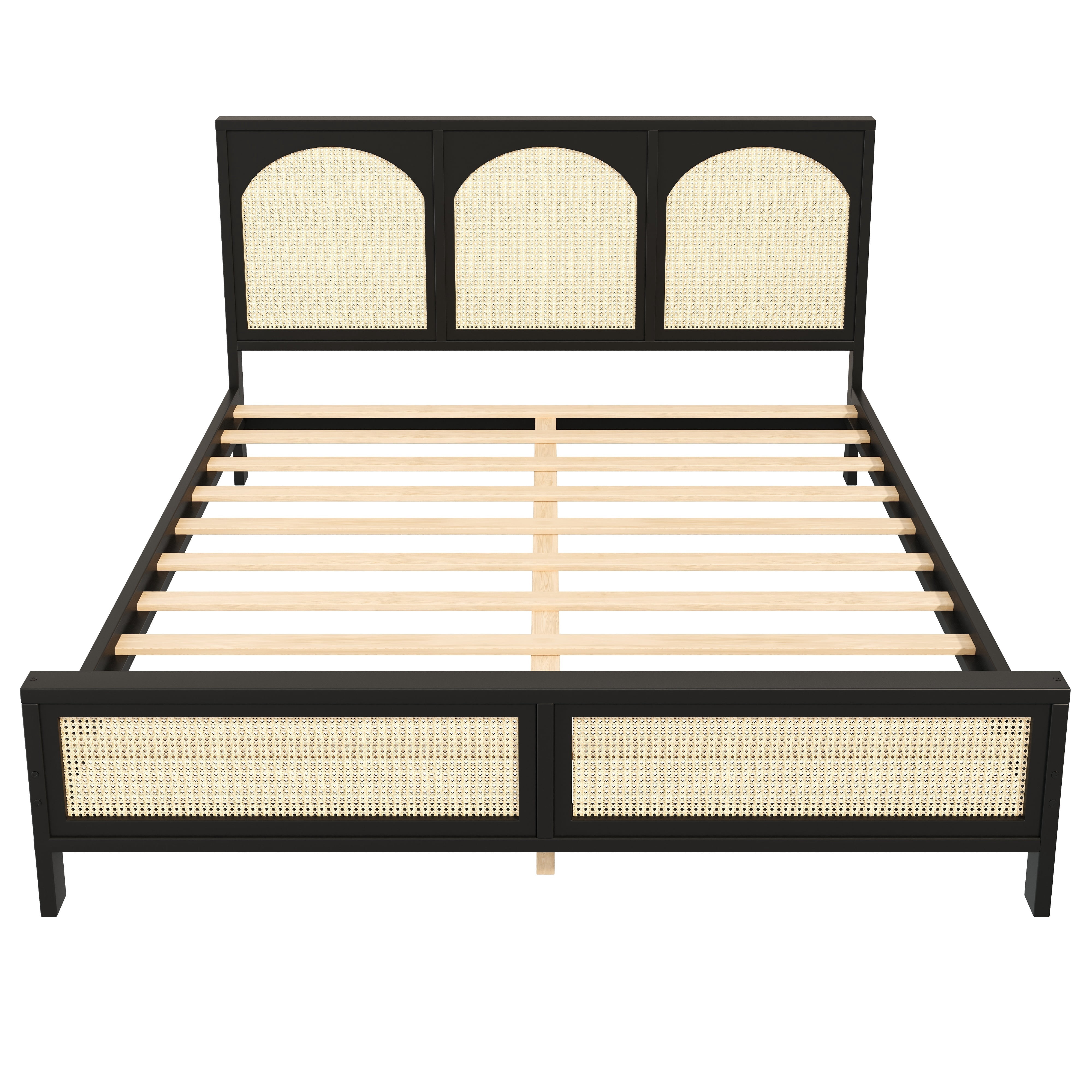 Euroco Queen Size Platform Bed with Rattan Headboard, Black