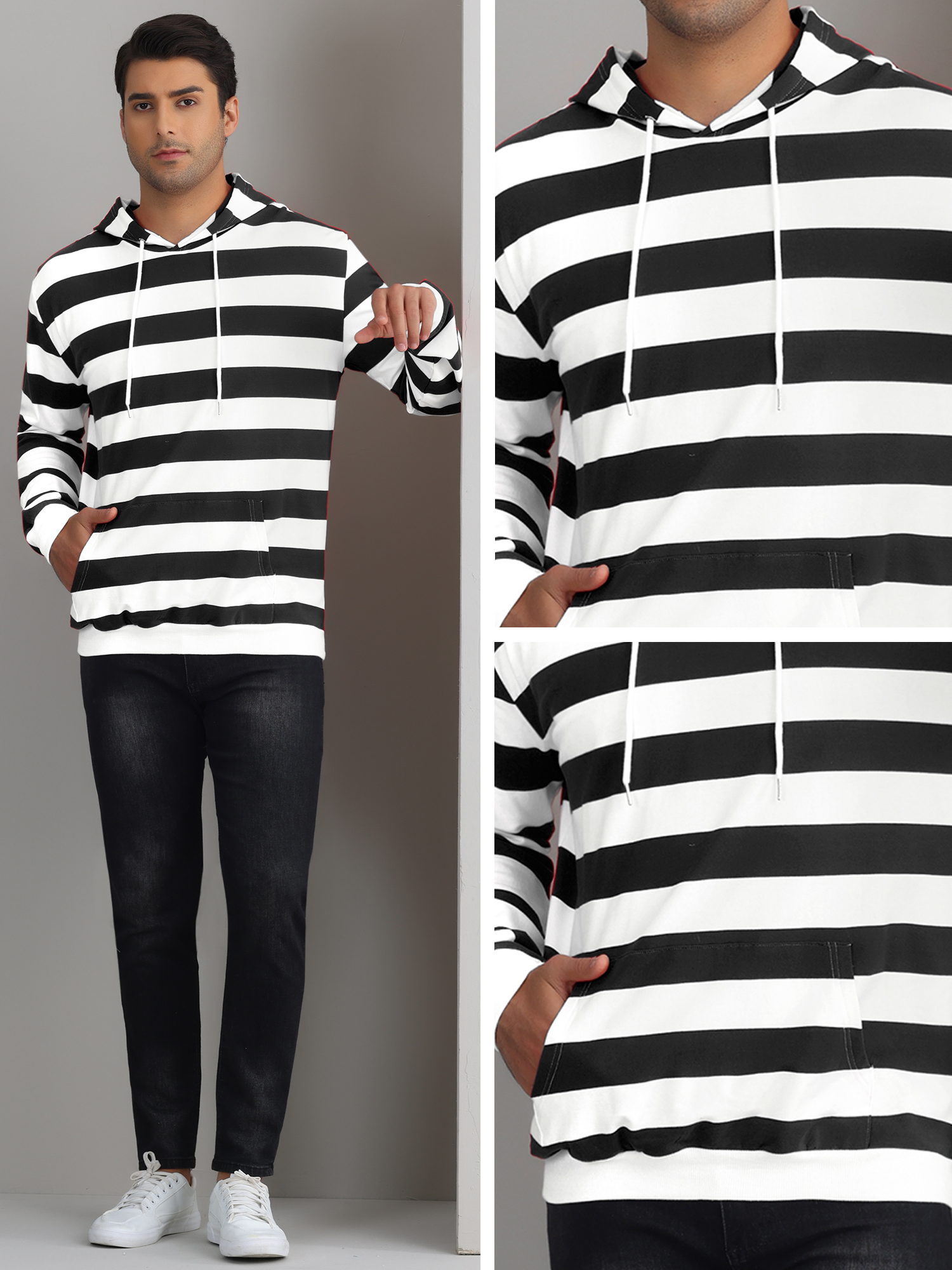 DARING DIVA Men's Striped Long Sleeves Drawstring Pullover Sweatshirts Hoodie S Black White