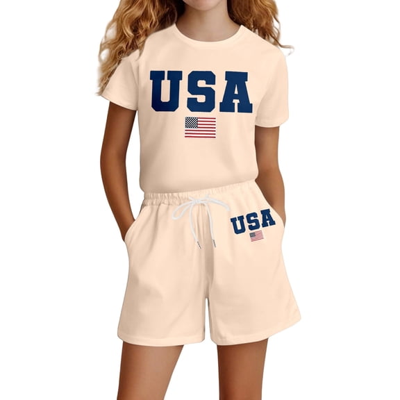 HAYIMI Girls Outfit Sets Patriotic Print 2 Piece Outfit O-Neck Short Sleeve Tops And Shorts Comfy Casual Playwear For Toddler Kids Holiday Celebration Fashion Party Clothes Sets for Special Occasion
