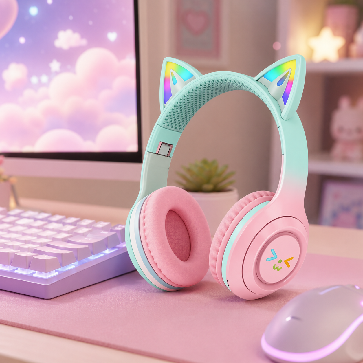 RNKR Kids Wireless Cat Ear Headphones with LED Lights, Pink photo 1