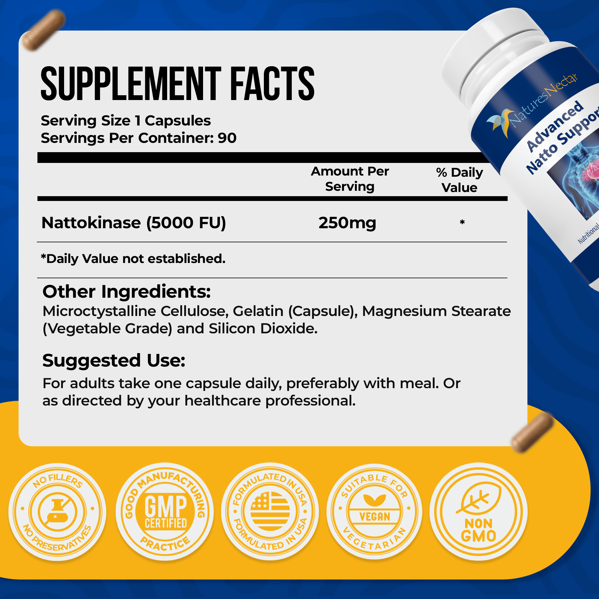 Nattokinase 5000 FU Supplement- 250mg of Natto Kinase Powder All Natural Blood Thinner Capsules Made from Organic Fermented Beans Can Help to Improve Blood Circulation