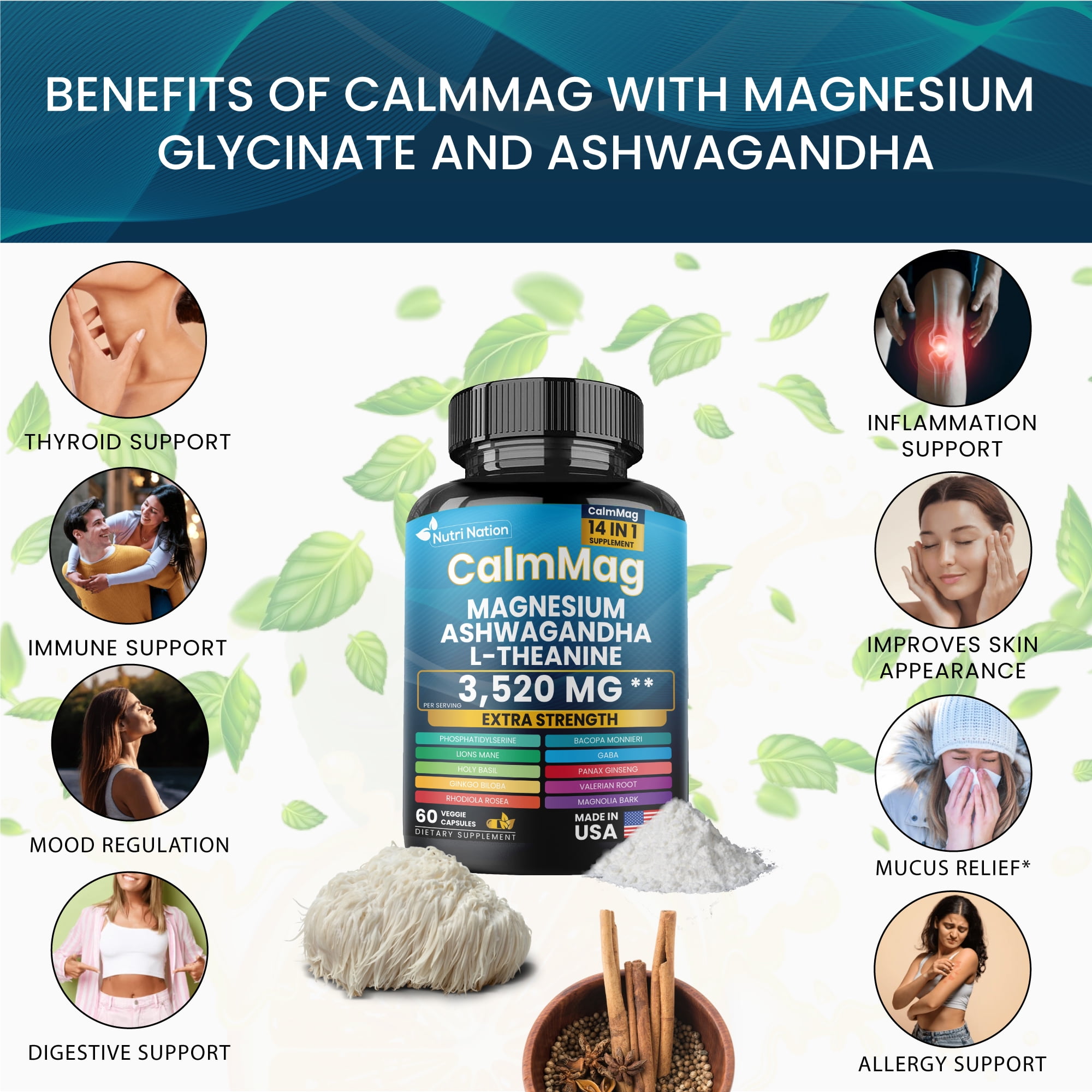 Nutri Nation Magnesium Glycinate with Ashwagandha Supplement, Extra Strength, 180 Capsules, 3 Bottles
