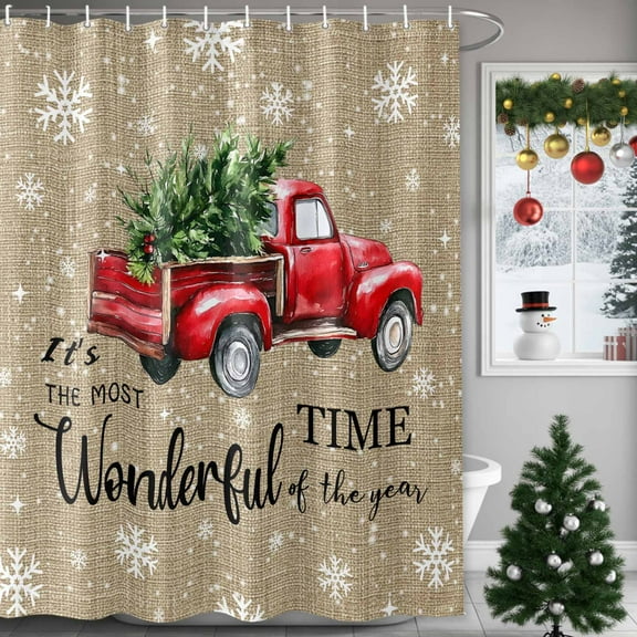 Shower Curtains Sets for Bathroom Decor Vintage Red Truck Waterproof Bathroom Curtain with Hooks, Snowflakes on Linen for Bathroom Decor,72x72IN