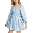 thumbnail image 2 of YOUYEDIAN Toddler Dress Square Neck Ruffle Puff Sleeve Dresses Casual Cute Blue a Line Dress 2025 Summer High Waist Short Dress,Blue 5-6 Years, 2 of 4