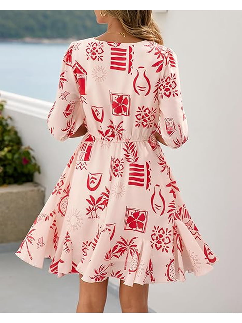 short sleeve boho mini dress BTFBM Women Summer Spring Floral V Neck Ruffle Beach Vacation Wedding Guest Dresses and eyelet embroidery create Bridal Collection 25 Cute Brunch Outfit Color:Dark Mahogany