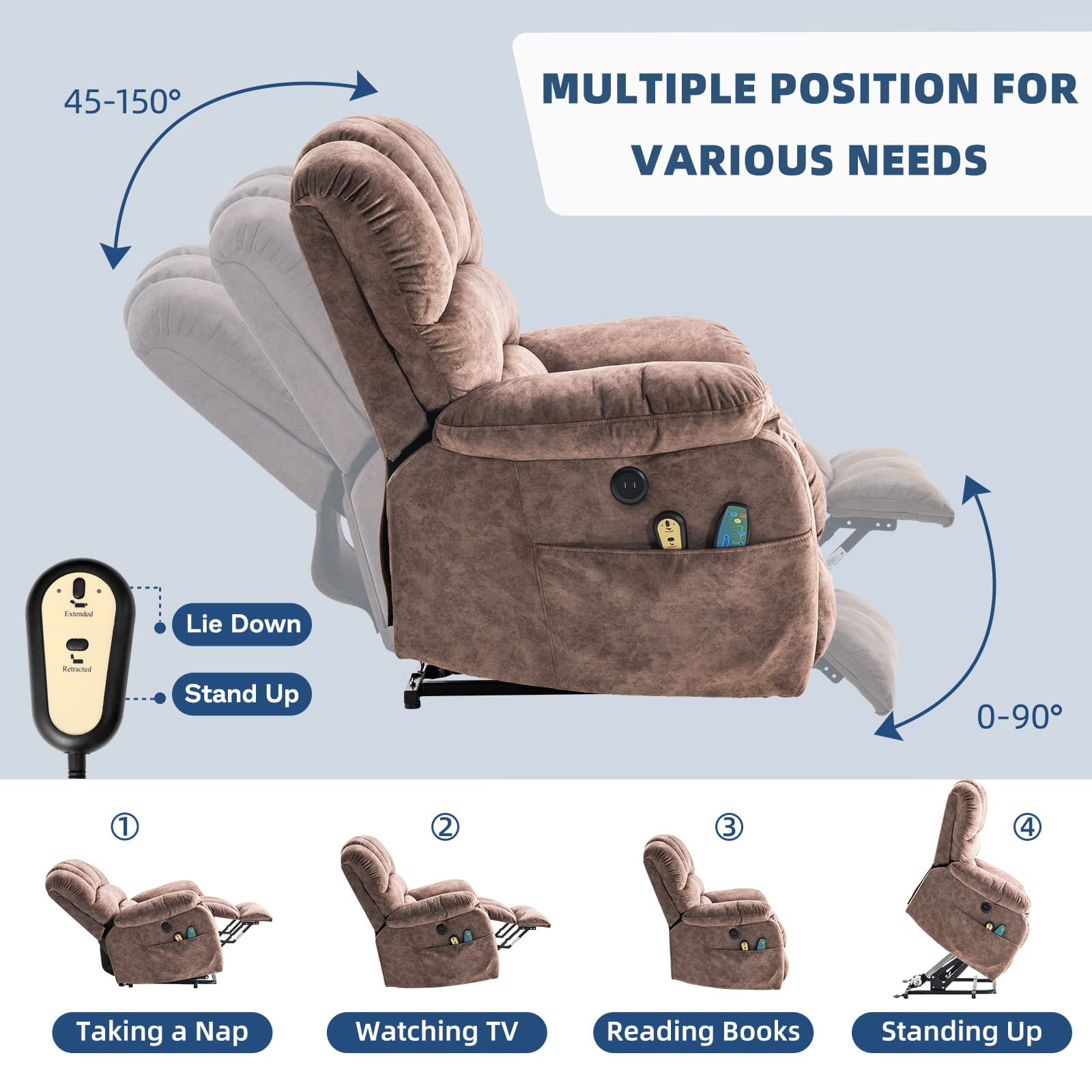 SOCIALCOMFY Large Power Electric Lift Recliner Chair for Elderly Big People, Heated Massage Motorized Reclining Sofa, Wide Soft Fabric Recliners with 2 Remote Controls, Side Pockets & USB Ports, Brown