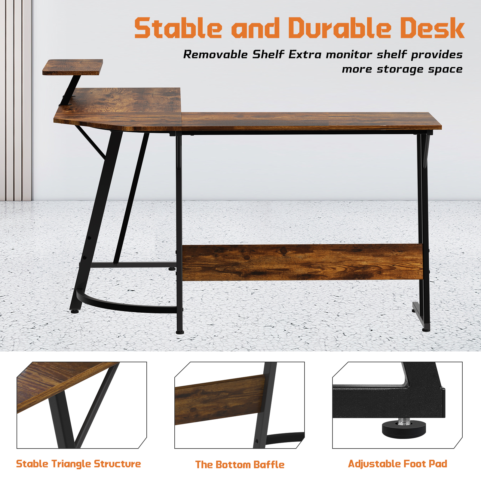 Dkelincs L Shaped Gaming Desk, 50.4" Corner Computer Desk PC Game Table with Monitor Stand Large Desktop for Home Office Study Writing Workstation, Brown