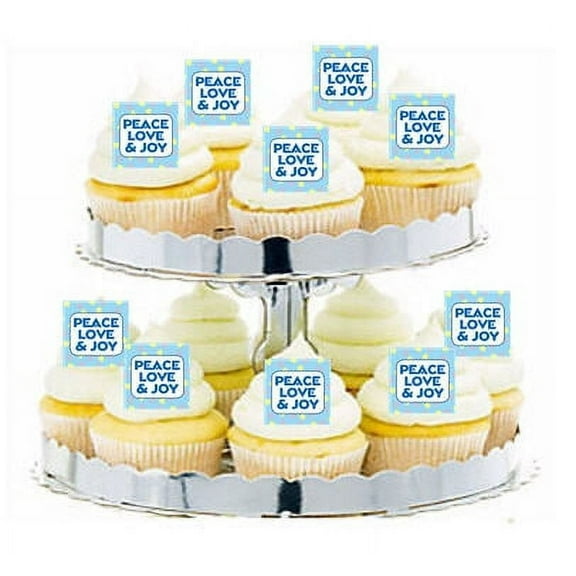 24pk Peace Love and Joy Blue Edible Cupcake Decoration Toppers / Picks