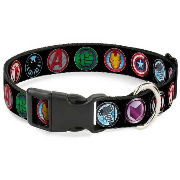Marvel Comics Pet Collar, Dog Collar Plastic Buckle, Avenger Icons Black Multi Color, 7 to 8.5 Inches 0.5 Inch Wide
