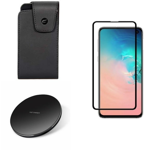 Galaxy S10e Case Belt Clip w Screen Protector w Wireless Charger - Leather Swivel Holster, Tempered Glass 5D Curved Edge, Fast 7.5W and 10W Charging Pad for Samsung Galaxy S10e Phone