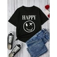 thumbnail image 2 of 1pc Teen Girls' Oversized Casual T-Shirt with Bold "HAPPY" Letter & joyful Face Print - Soft Cotton Blend, Crew Neck, Short Sleeve, Loose Fit for Spring/Summer, 2 of 6