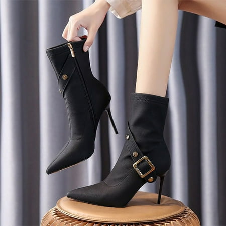 

ZMHEGW Boots For Women Ankle Autumn And Winter Pointed Toe Stiletto Solid Color Simple Side Zipper Boots Shoes
